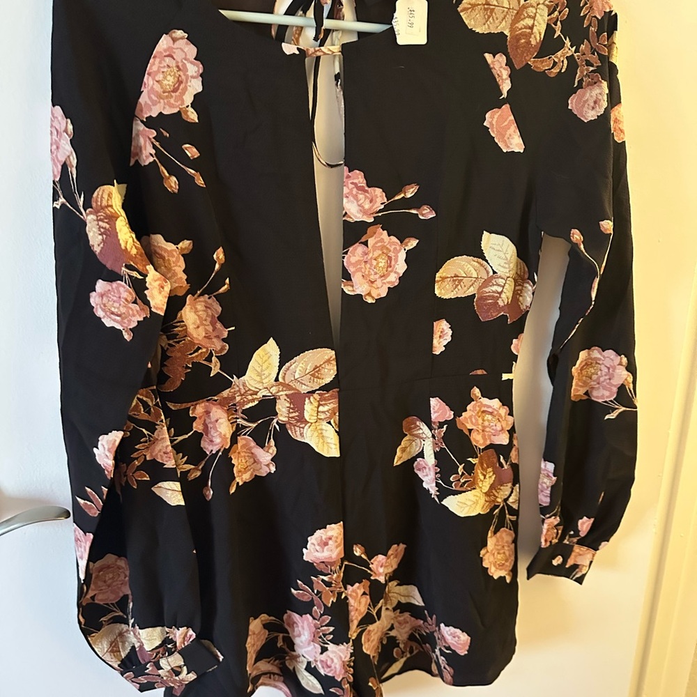 Olivaceous Black and Pink Floral Tie Front short jumpsuit